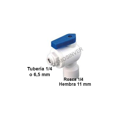 Llave depósito Ósmosis Domestica con conexión rápida, para tubo de 6,5mm o 1/4 y rosca de 1/4