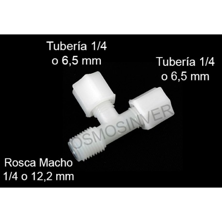 Te conexión de rosca para tubo de 1/4 (6mm) - rosca lateral macho 1/4